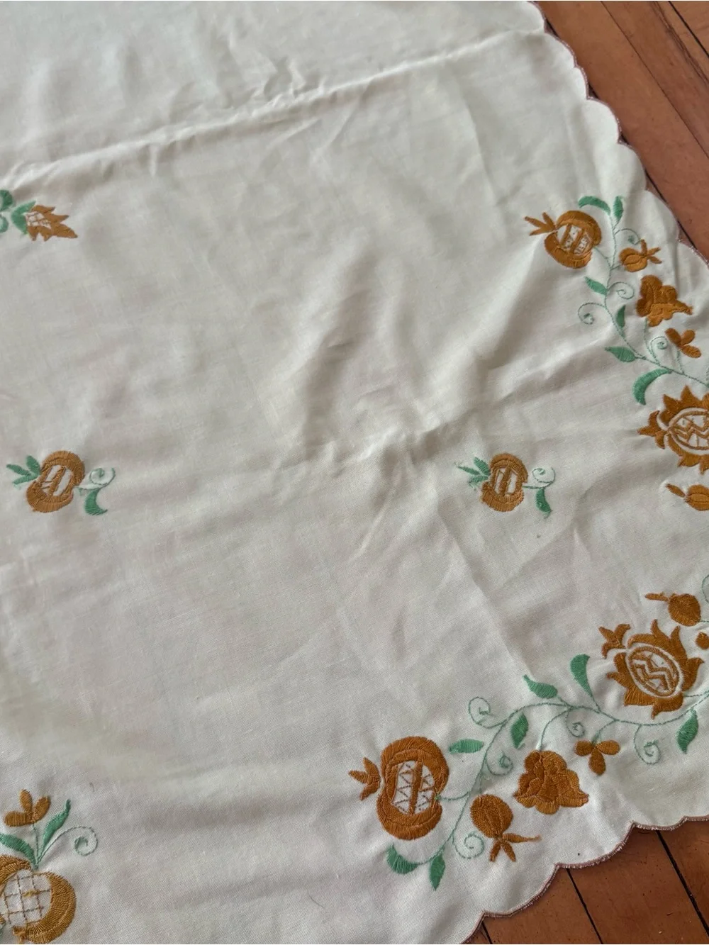 Vintage Floral Yellow gold & Green cotton tablecloth embroidered crewel large